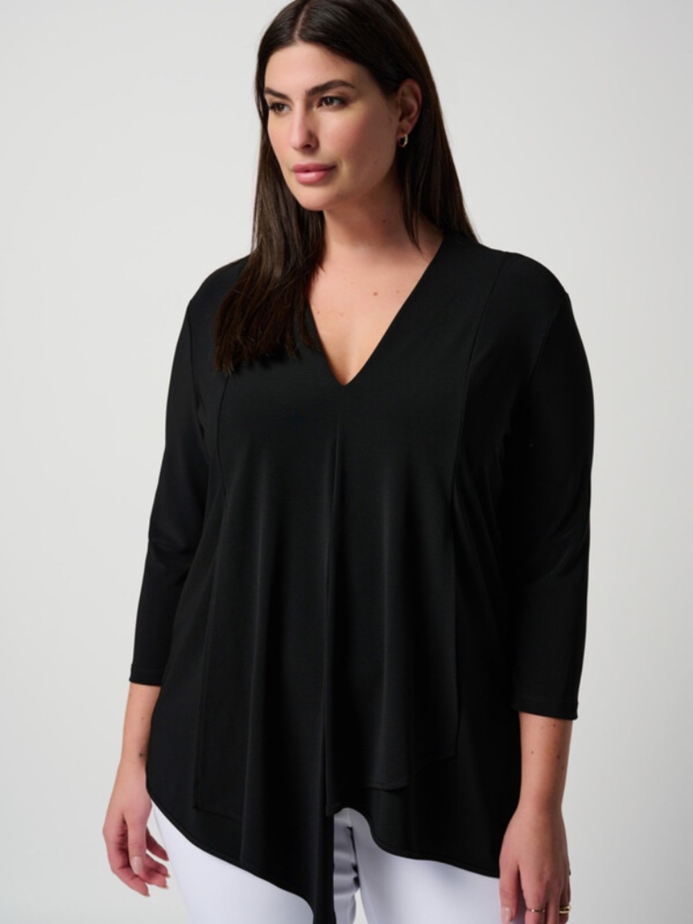 Joseph Ribkoff Asymmetrical Draped Tunic Top size 6 Black 3/4 Sleeve Lagenlook